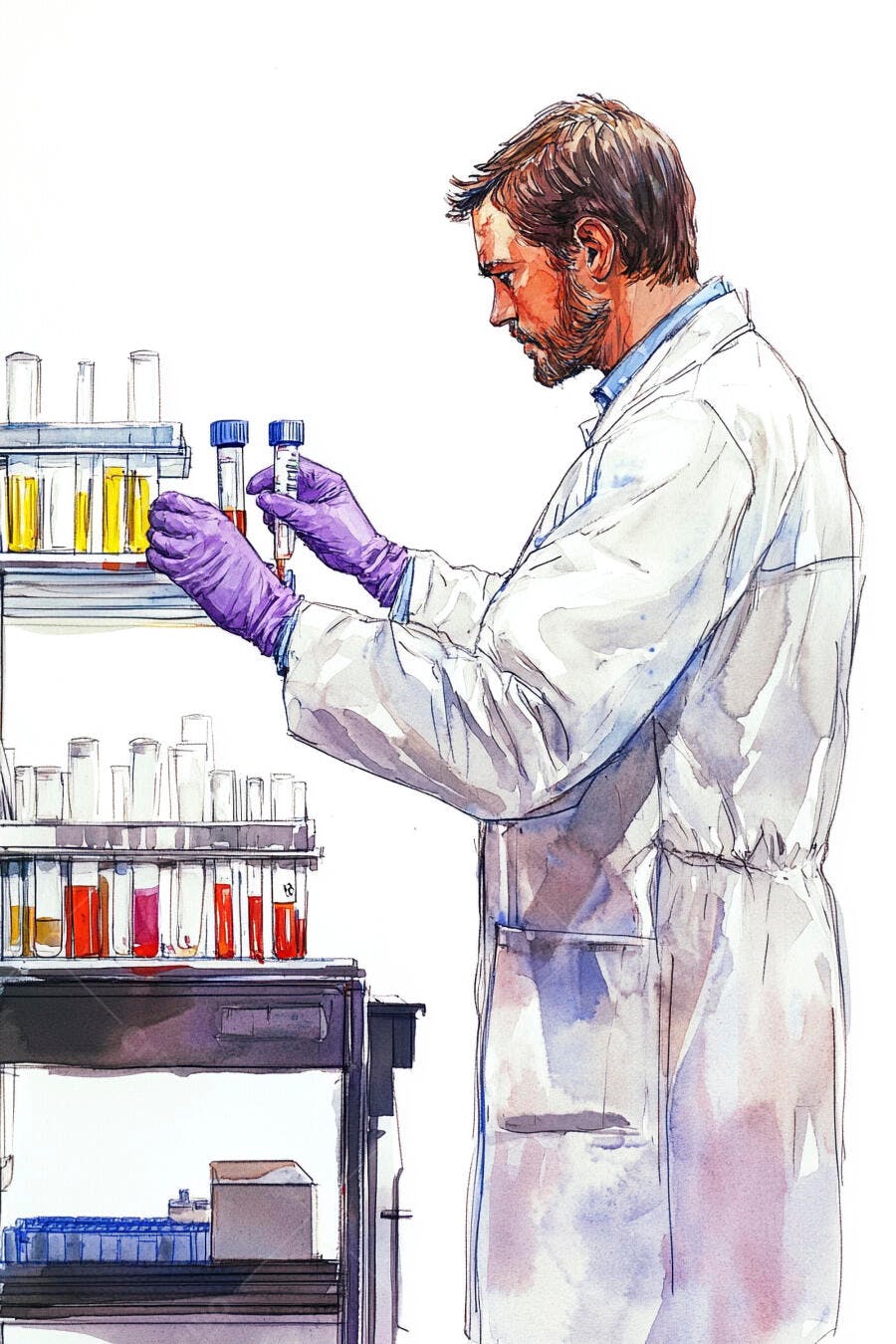 Homem cientista caucasiano barbudo em jaleco analisando amostras de laboratório