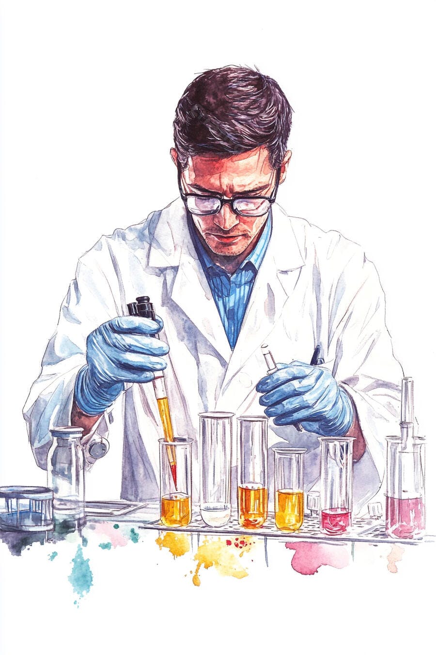 Cientista homem de óculos e jaleco branco com luvas azuis manipulando líquidos coloridos