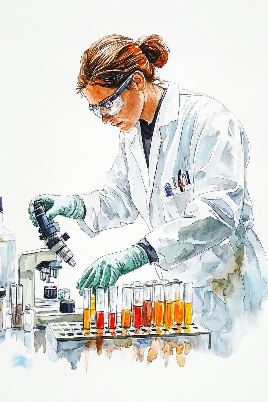 Mulher cientista de jaleco branco trabalhando com microscópio e tubos de ensaio coloridos em laboratório
