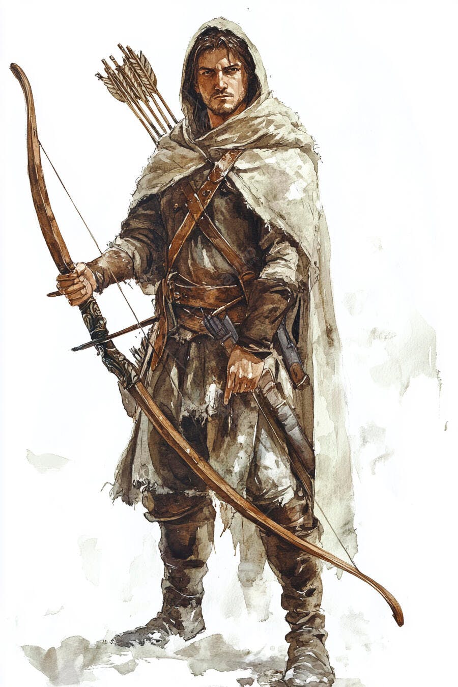 Arqueiro caucasiano de capuz com arco e flechas em estilo aquarela