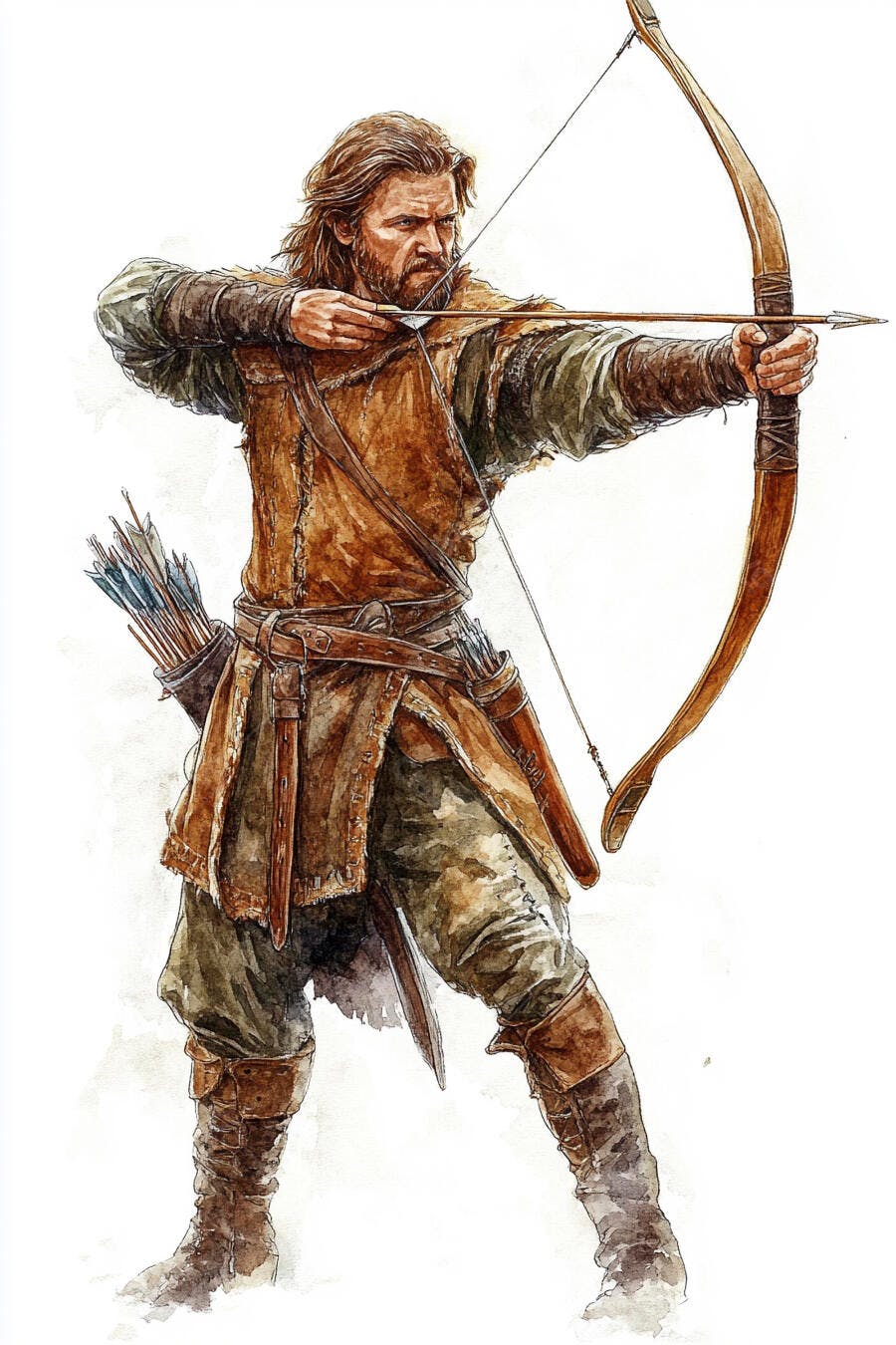 Homem arqueiro medieval barbudo mirando com arco e flechas ilustração aquarela