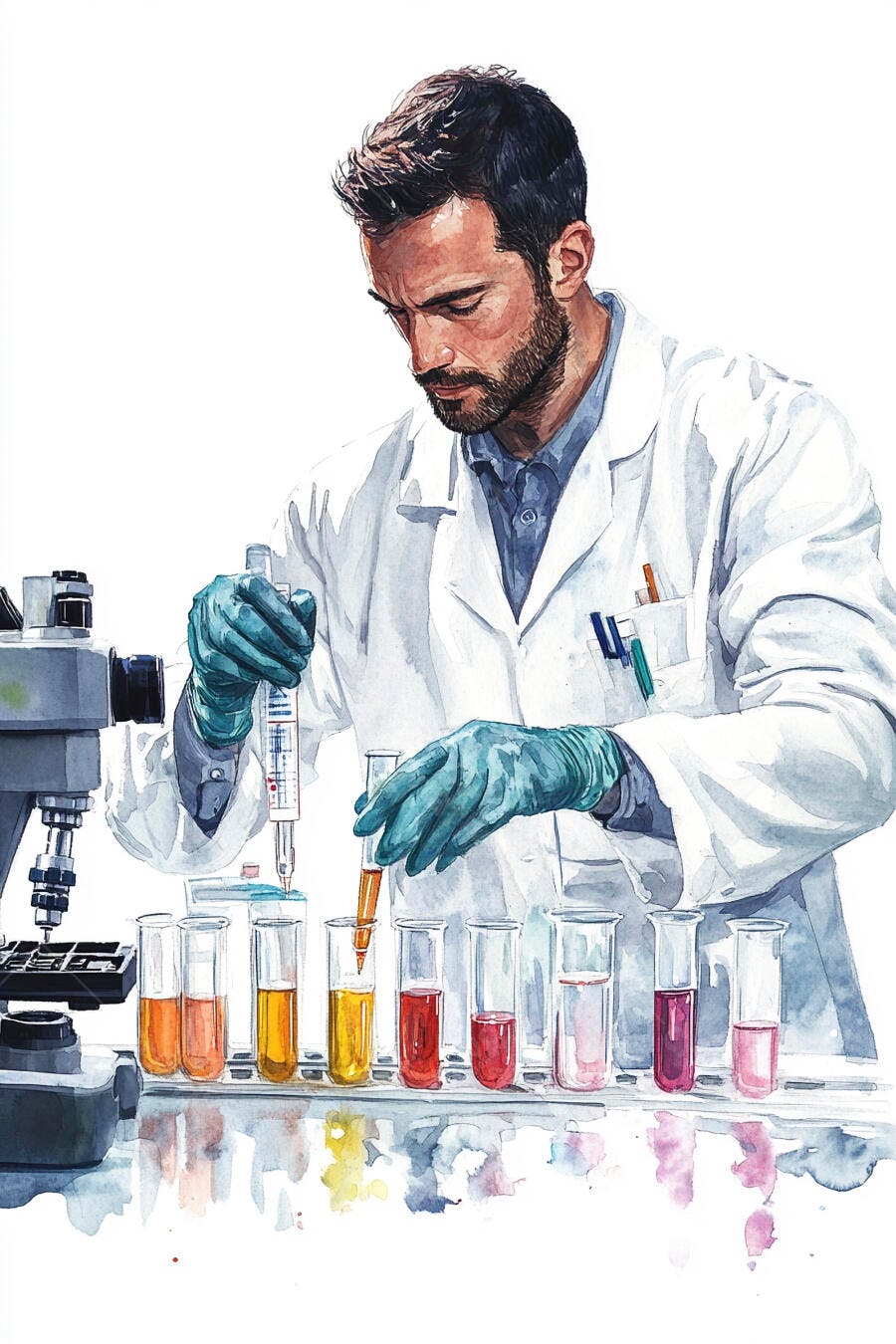 Cientista homem caucasiano com luvas azuis em laboratório com tubos de ensaio coloridos