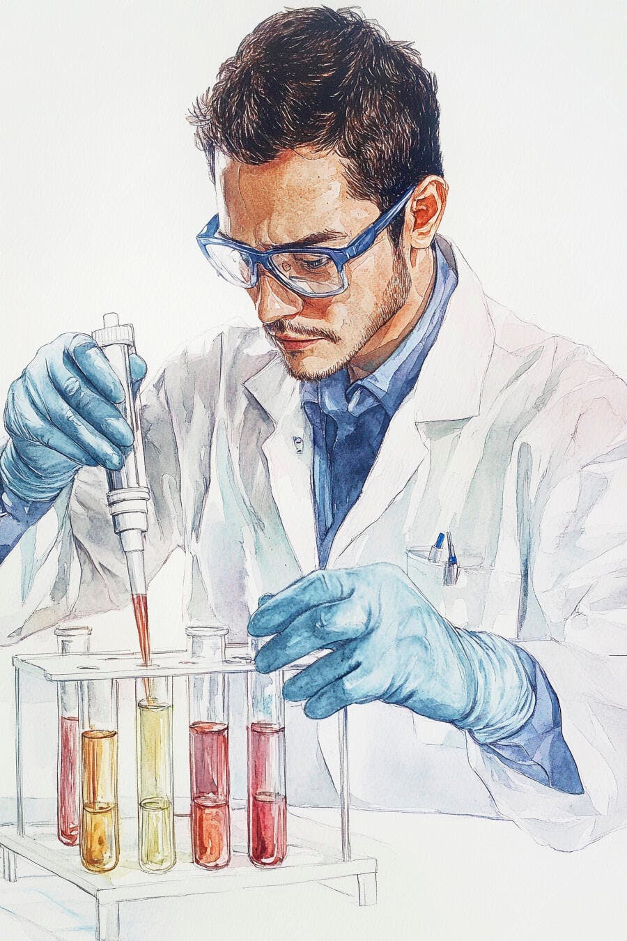 Cientista homem caucasiano de óculos azuis manipulando líquidos coloridos em tubos de ensaio