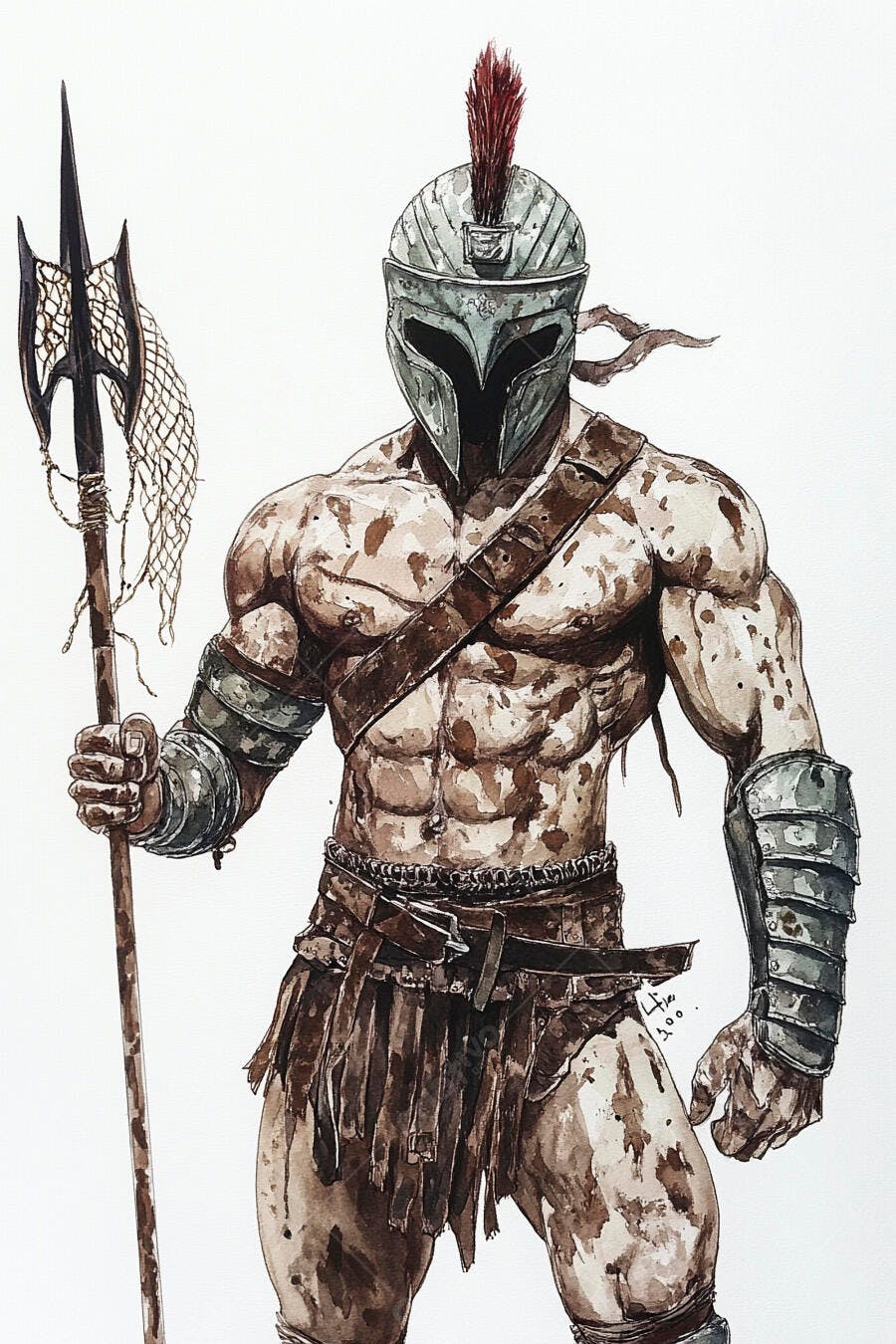 Gladiador romano com tridente e armadura de couro e metal em aquarela