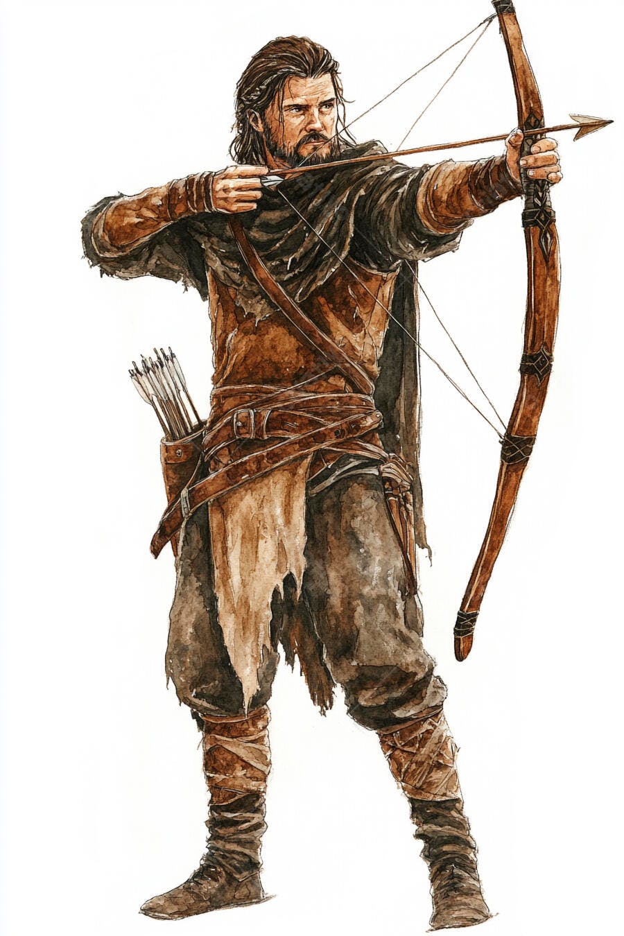 Archer barbudo com cabelo longo e roupa medieval pronto para atirar