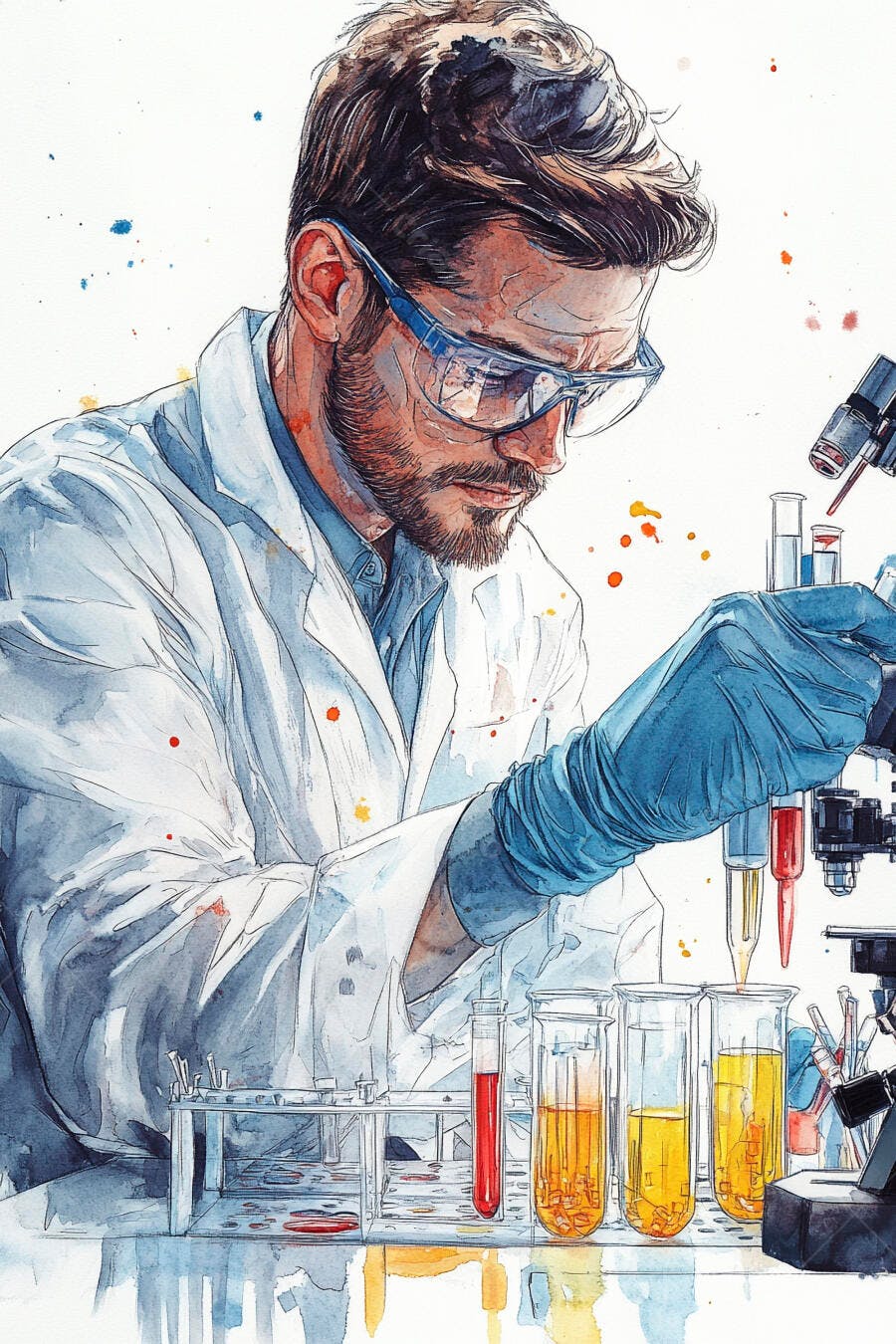 Cientista homem caucasiano em jaleco branco e luvas azuis pesquisando em laboratório