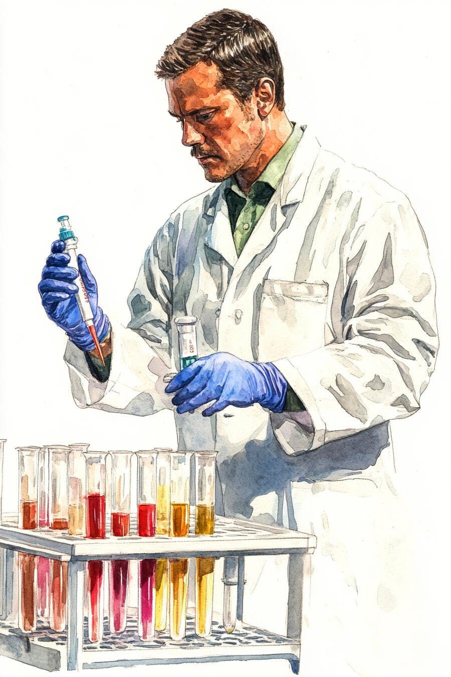 Cientista homem caucasiano de jaleco branco pipetando líquido em laboratório watercolor