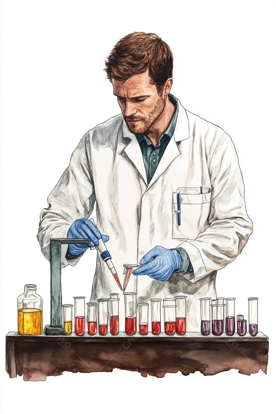 Homem cientista caucasiano em jaleco branco realizando experimento com tubos de ensaio e líquidos coloridos