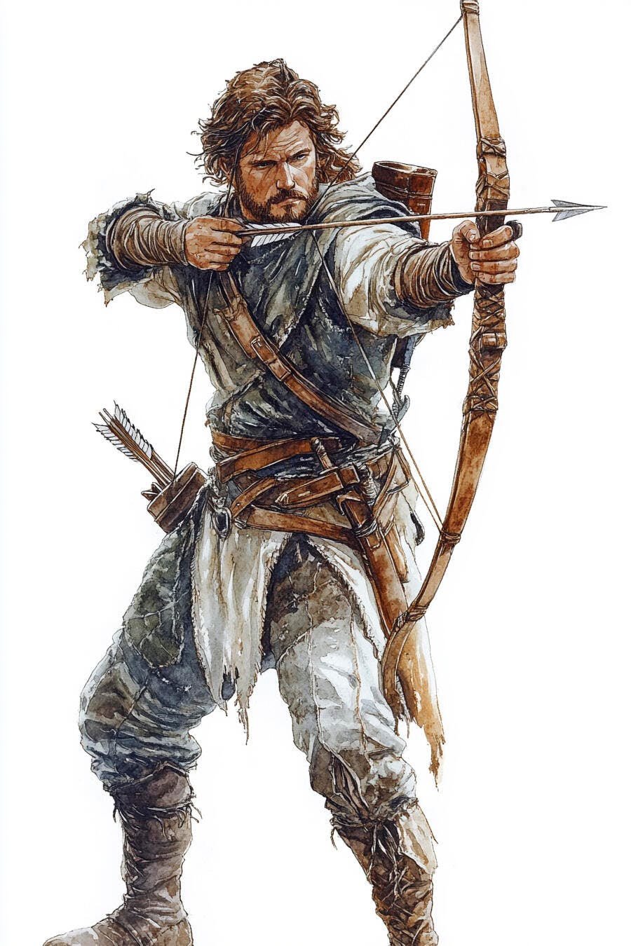 Homem arqueiro de cabelo castanho e barba apontando arco e flecha ilustração medieval