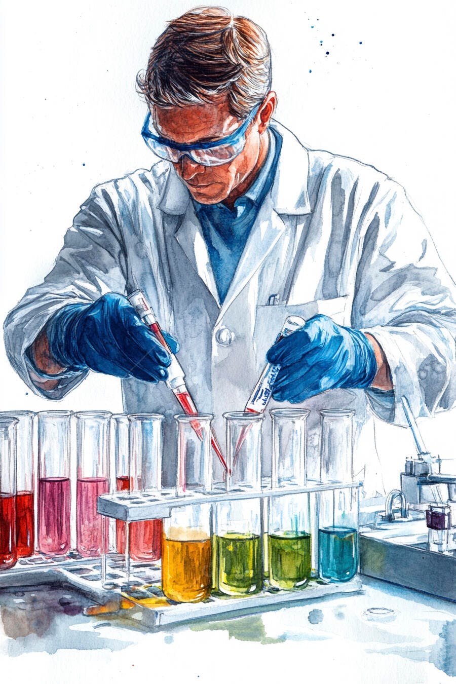 Cientista homem caucasiano em jaleco branco trabalhando com líquidos coloridos em laboratório