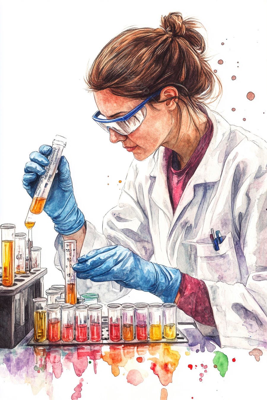 Cientista mulher de óculos azuis manuseando tubos de ensaio líquidos coloridos em laboratório branco
