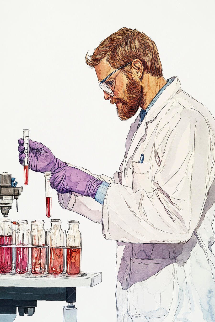 Homem cientista barbudo examinando tubos de ensaio com líquido vermelho no laboratório