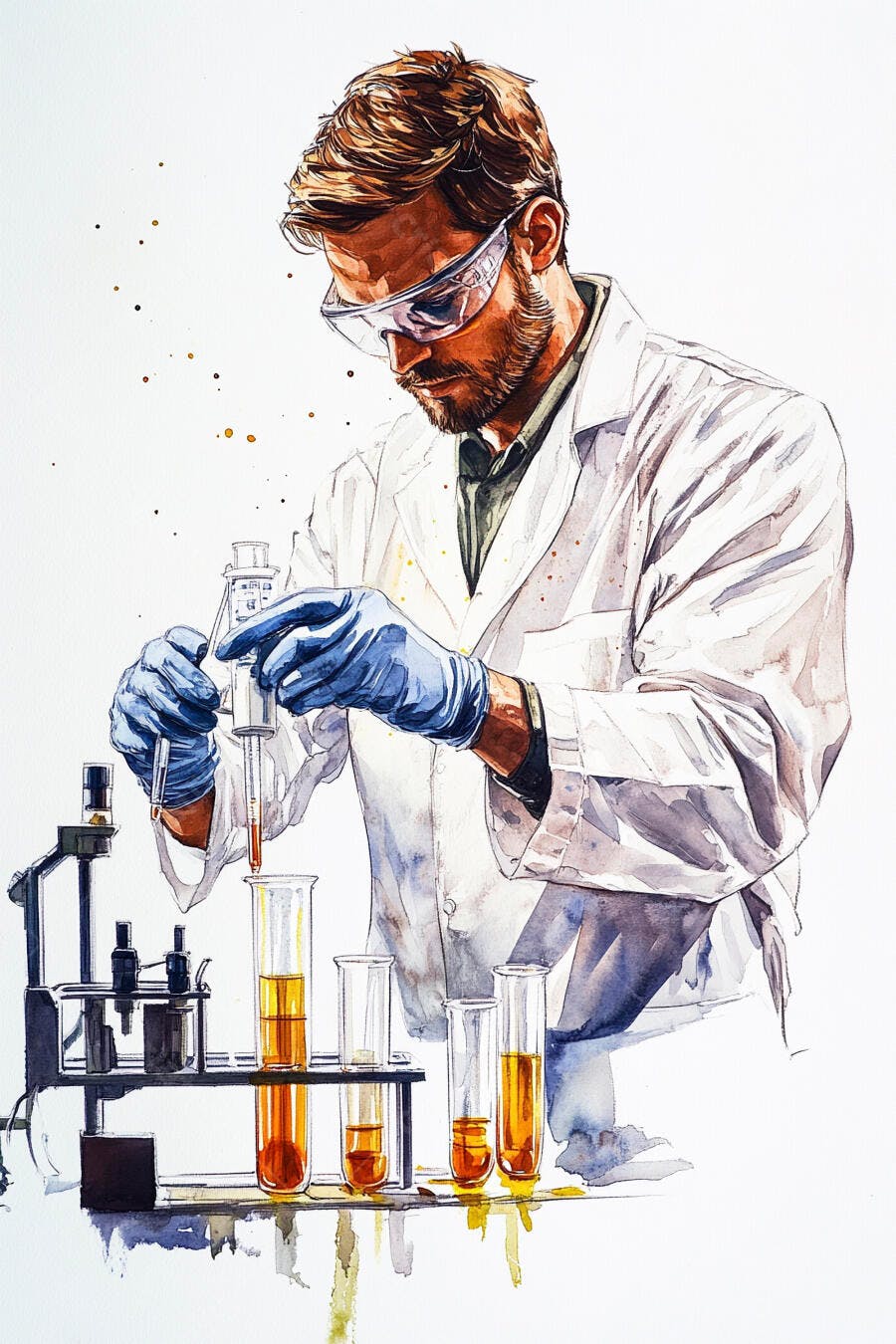 Cientista masculino com barba em jaleco branco e luvas azuis manipulando tubos de ensaio