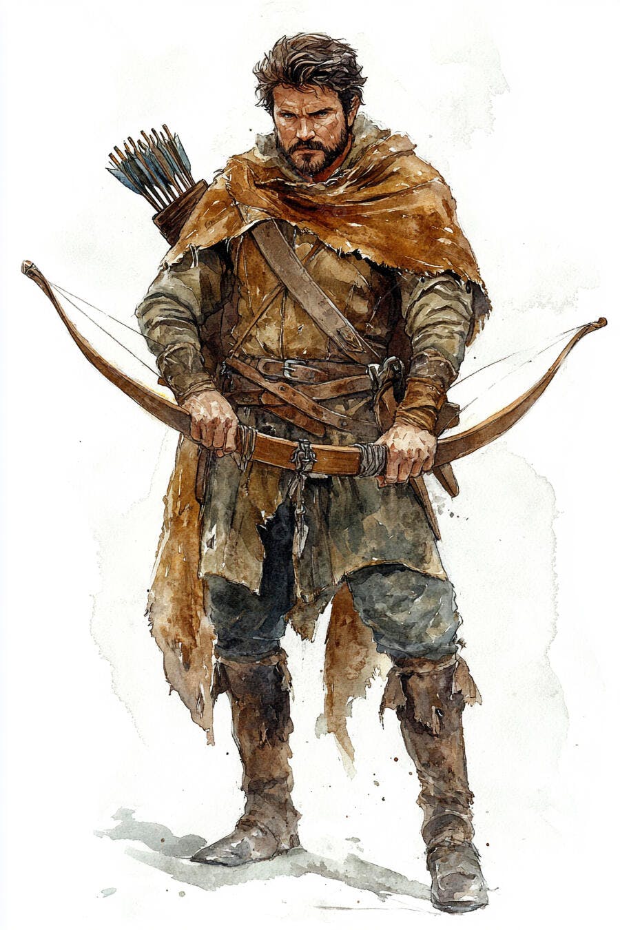 Arqueiro barbudo caucasiano com arco em tons terrosos ilustração aquarela
