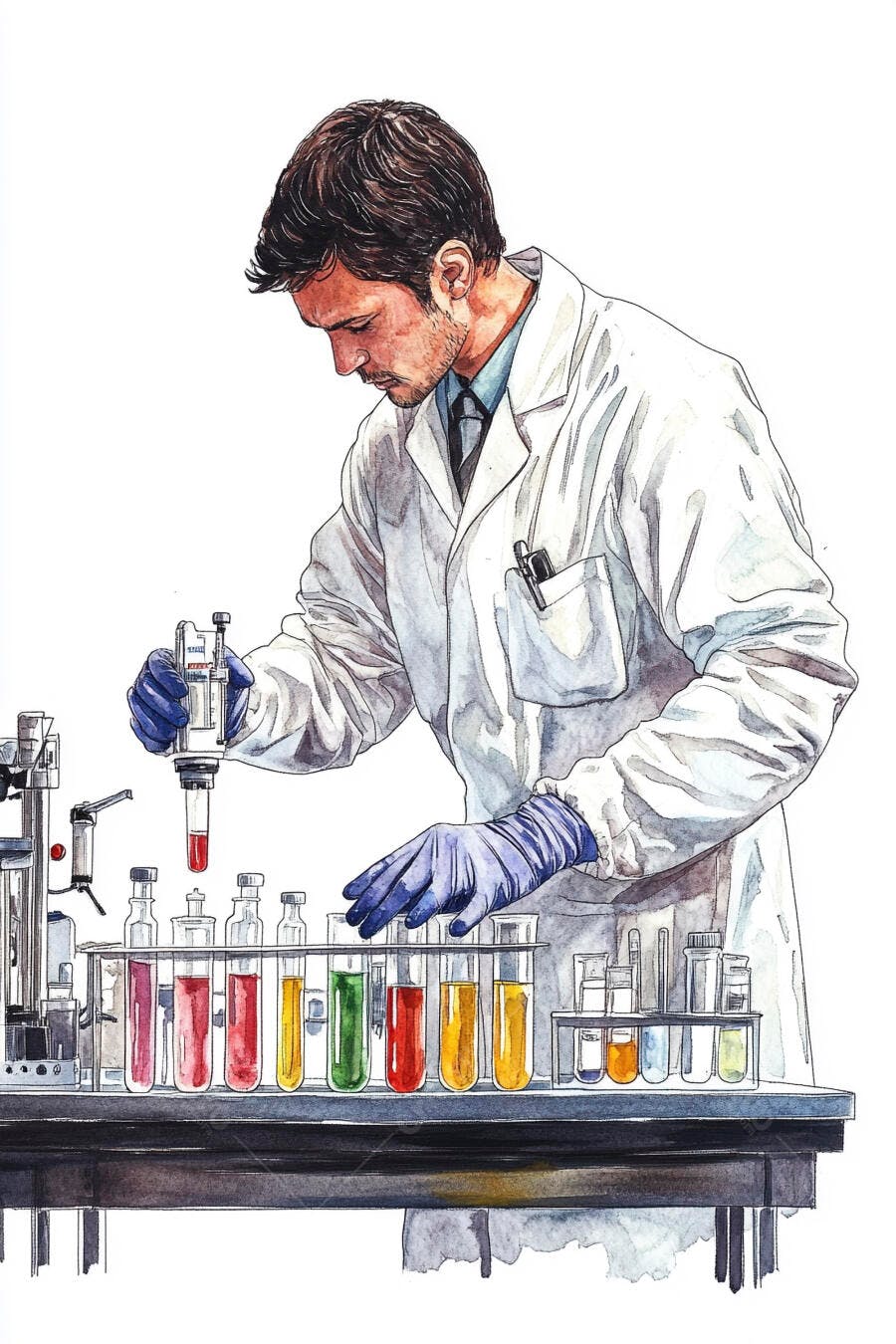 Cientista homem caucasiano em jaleco branco realizando experimento com tubos coloridos