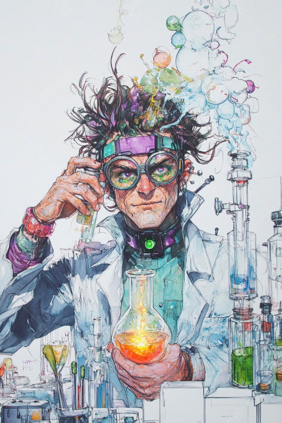 Cientista homem com óculos e cabelo roxo segurando frascos luminosos no laboratório