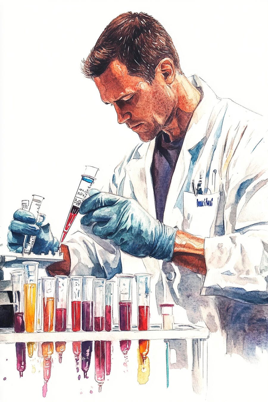 Cientista homem com luvas azuis analisando tubos de ensaio em laboratório aquarela