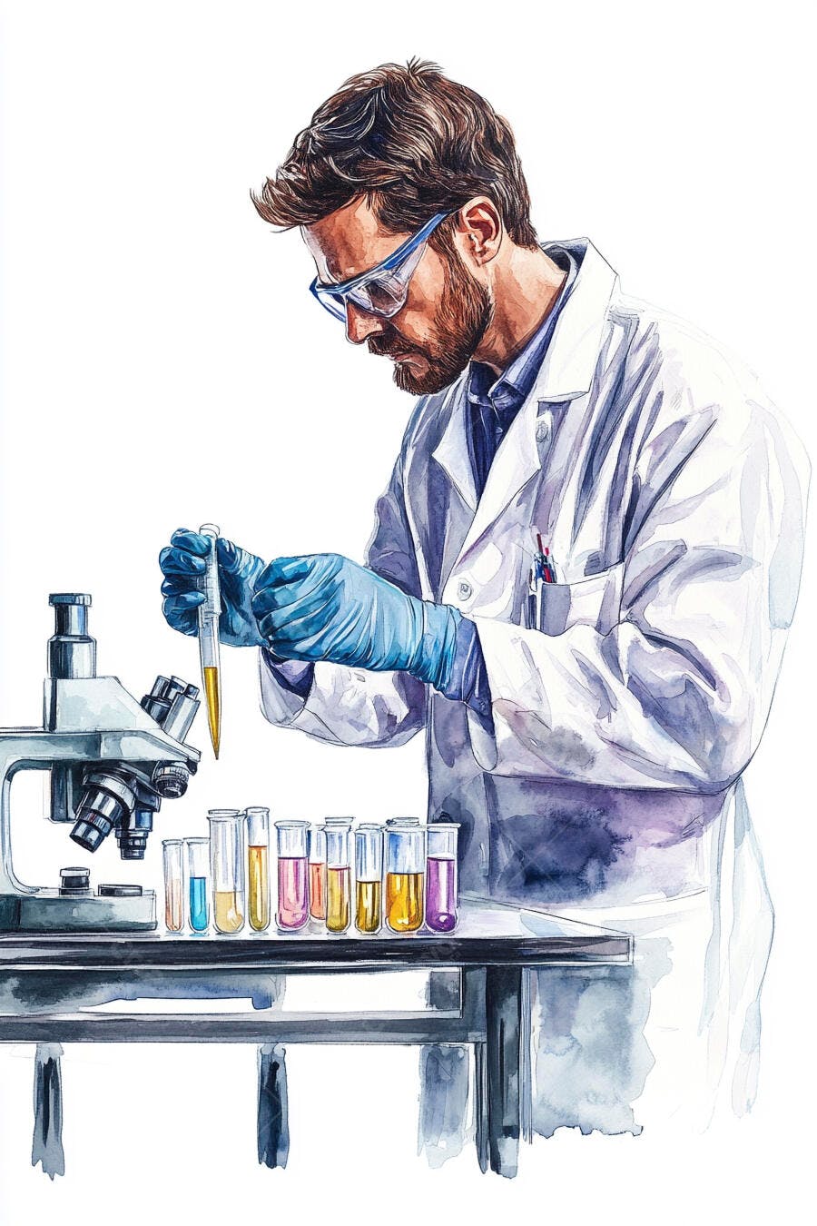 Cientista barbudo de jaleco branco com óculos e luvas azuis em laboratório