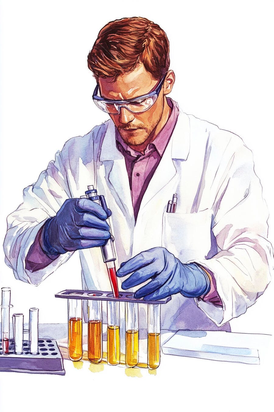 Cientista homem branco com óculos de proteção pipetando amostra em laboratório