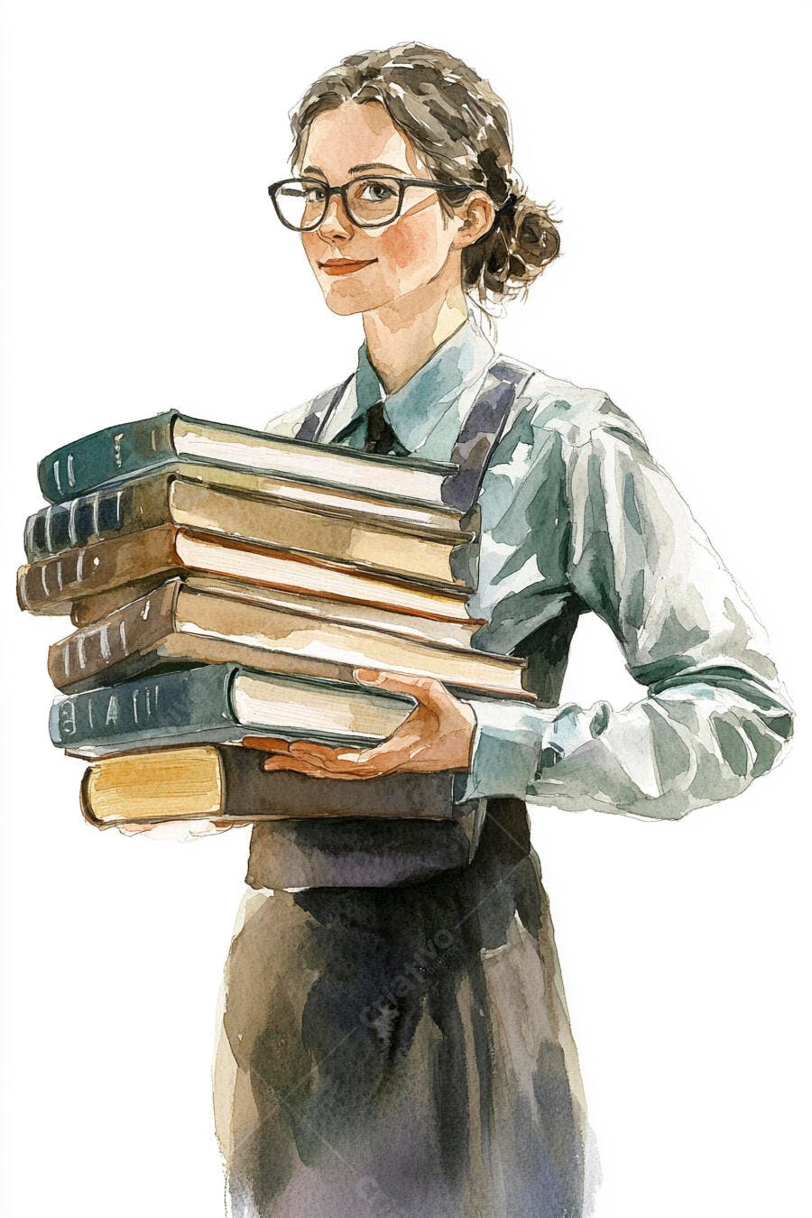 Mulher caucasiana de óculos segurando pilhas de livros em ilustração aquarela
