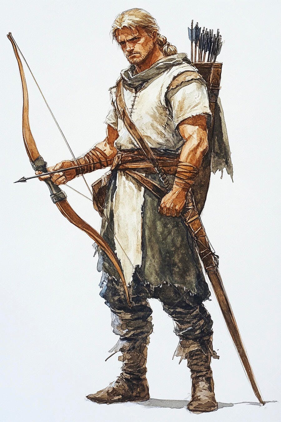 Homem arqueiro loiro barbudo com arco e aljava em estilo aquarela