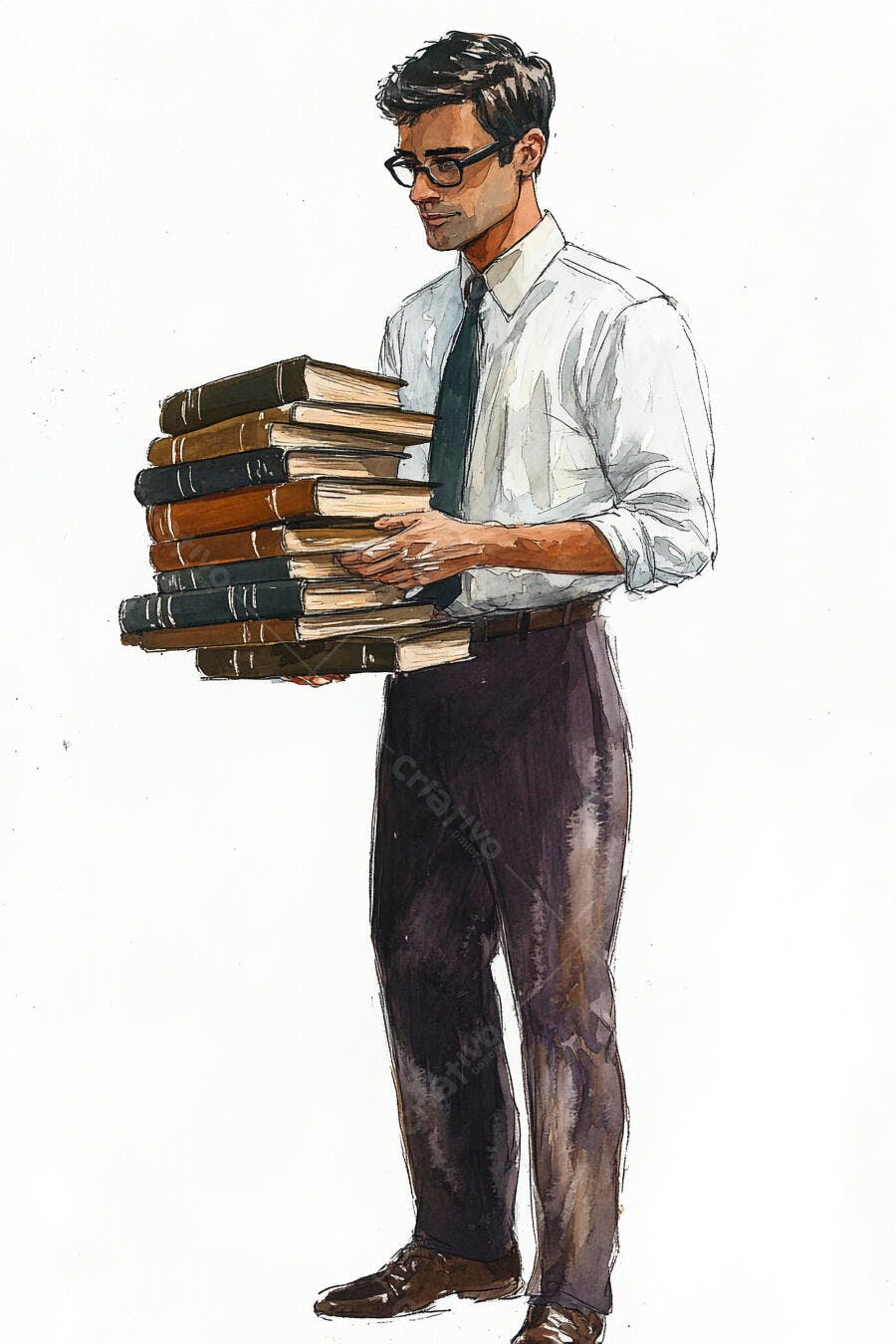 Homem de óculos carregando pilha de livros marrom camisa branca e gravata