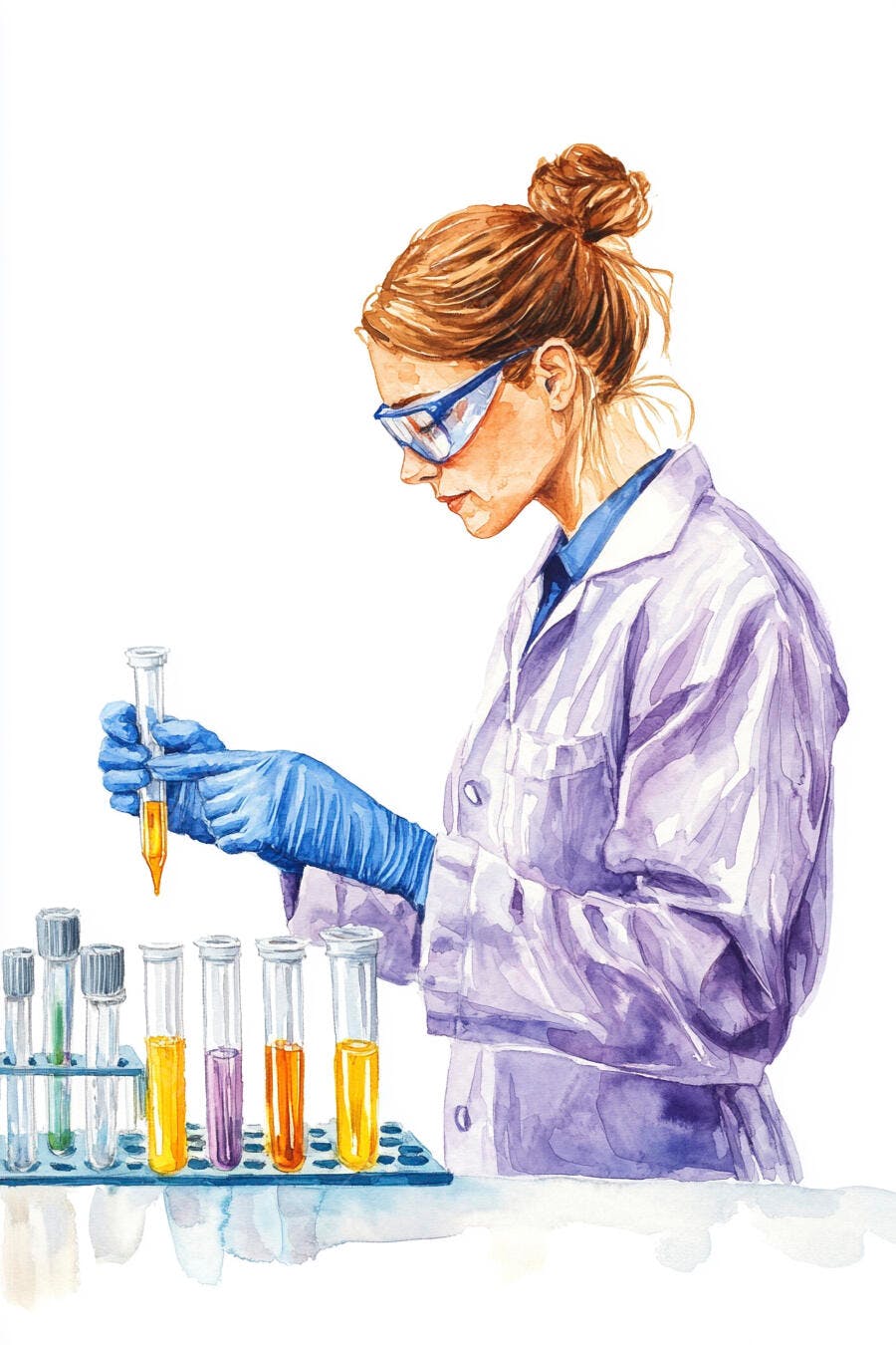 Mulher cientista com jaleco e óculos trabalhando com tubos de ensaio no laboratório