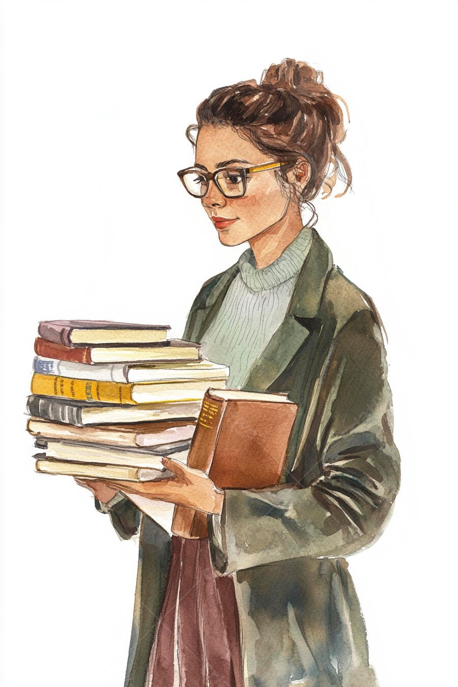 Ilustração mulher jovem estudante com óculos segurando pilha de livros coloridos