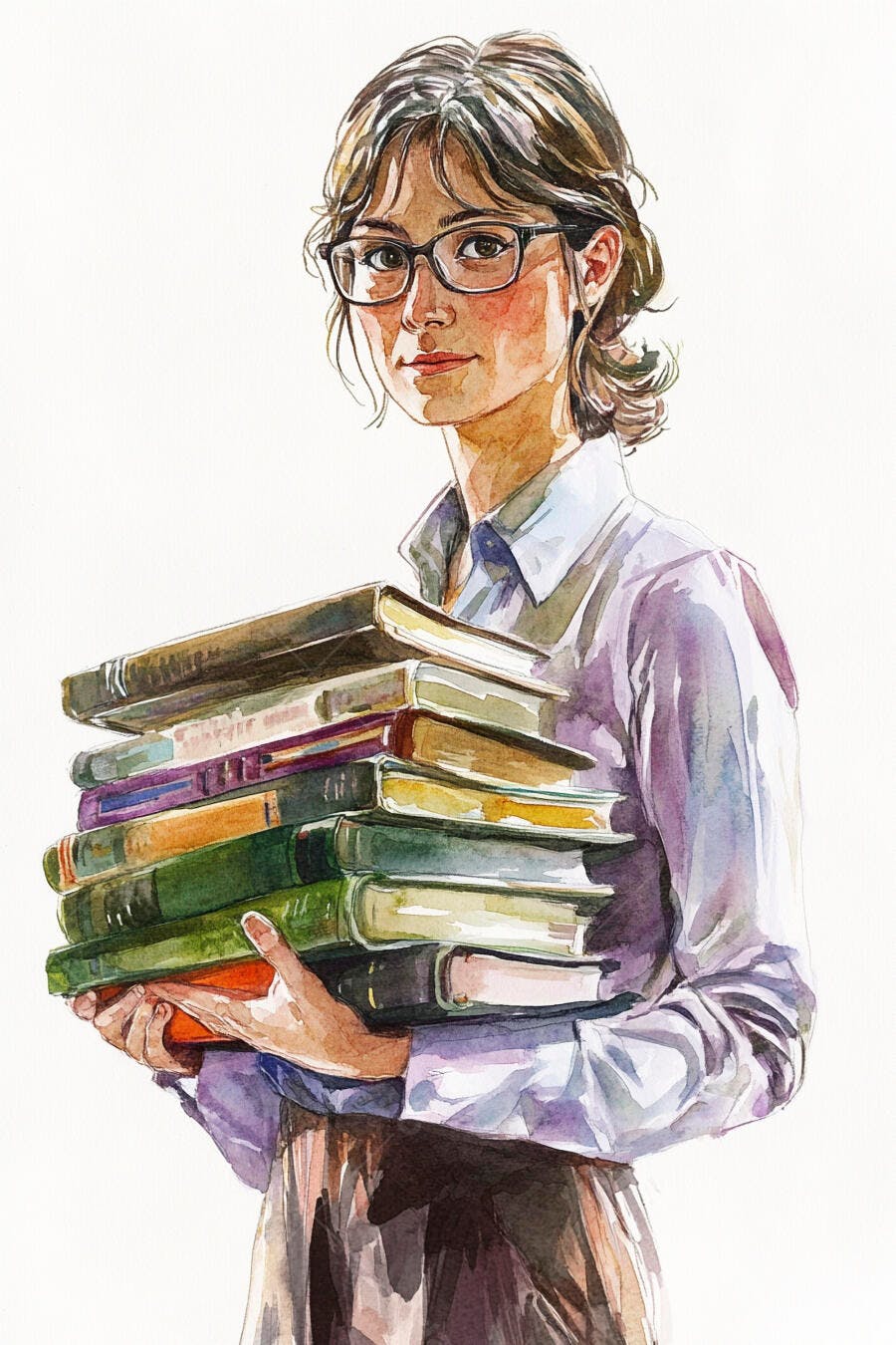 Mulher jovem de óculos segurando pilhas de livros aquarela