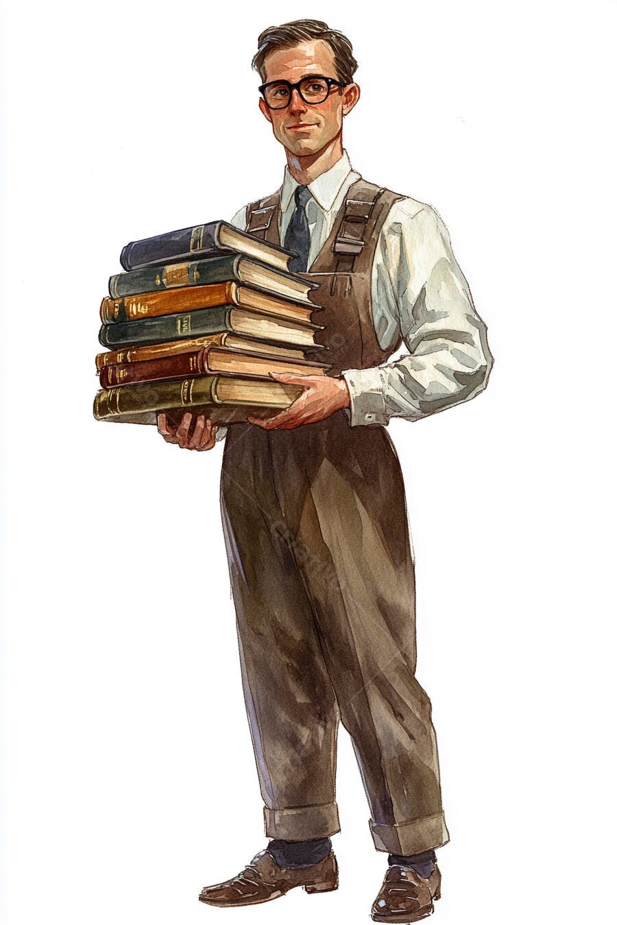 Homem de óculos com livros antigos sorrindo em aquarela