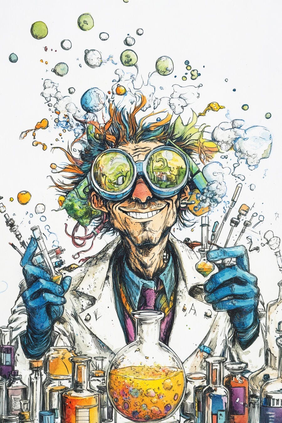 Cientista sorrindo alegremente em explosão colorida de experimento químico