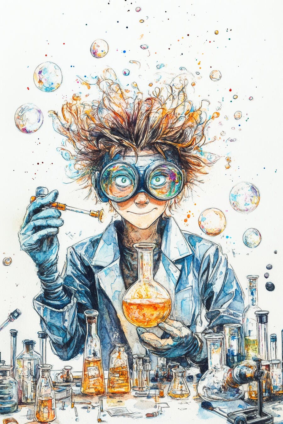 Cientista jovem e entusiasmado com jaleco azul manipulando líquidos em laboratório aquarela
