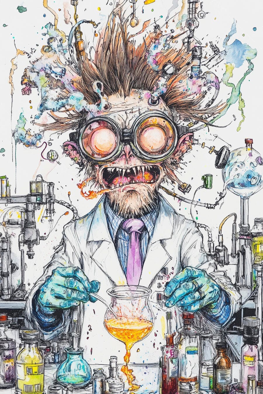 Cientista maluco de óculos e luvas azuis em laboratório com experimento laranja
