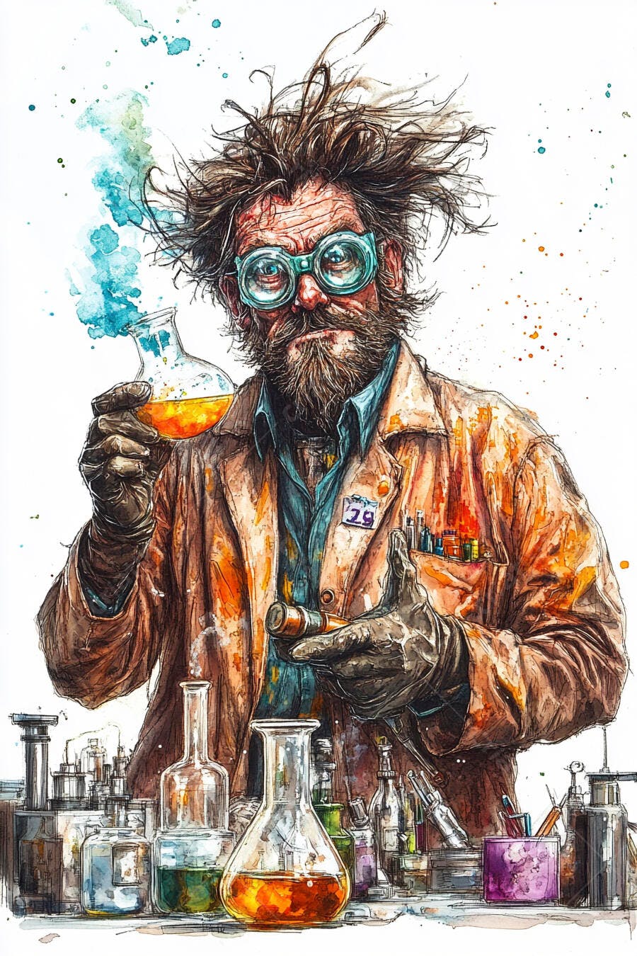 Cientista excêntrico barbudo de óculos segurando frasco borbulhante no laboratório