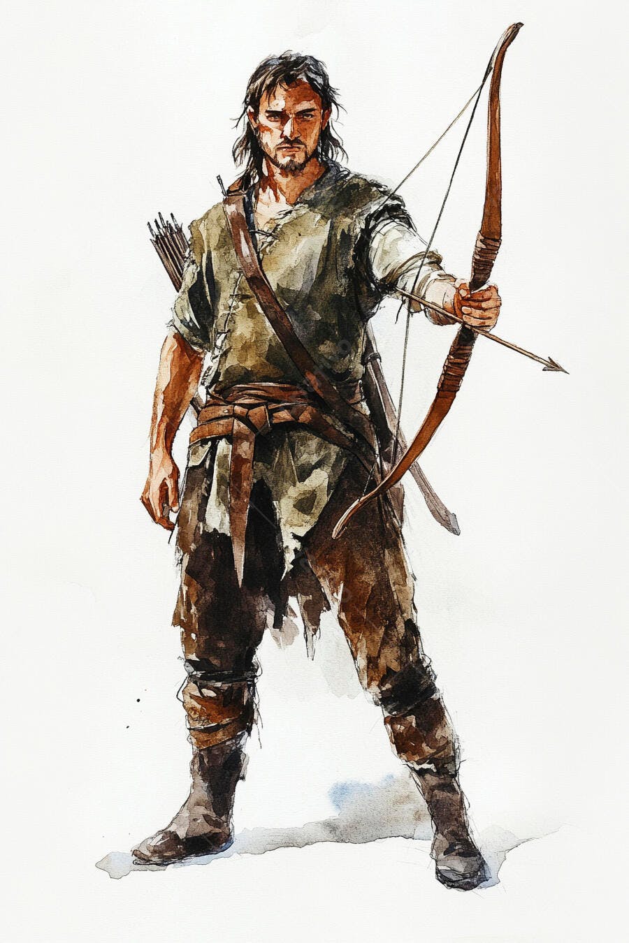 Homem arqueiro guerreiro de roupas rústicas com arco e flecha em arte aquarela