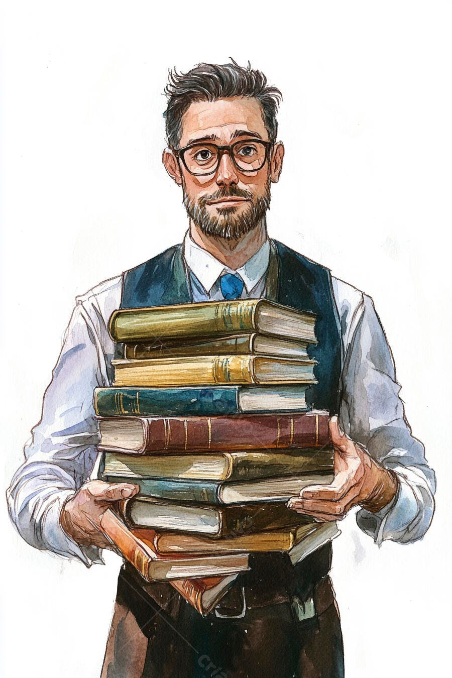 Homem de óculos barbudo segurando pilha de livros antigos em aquarela