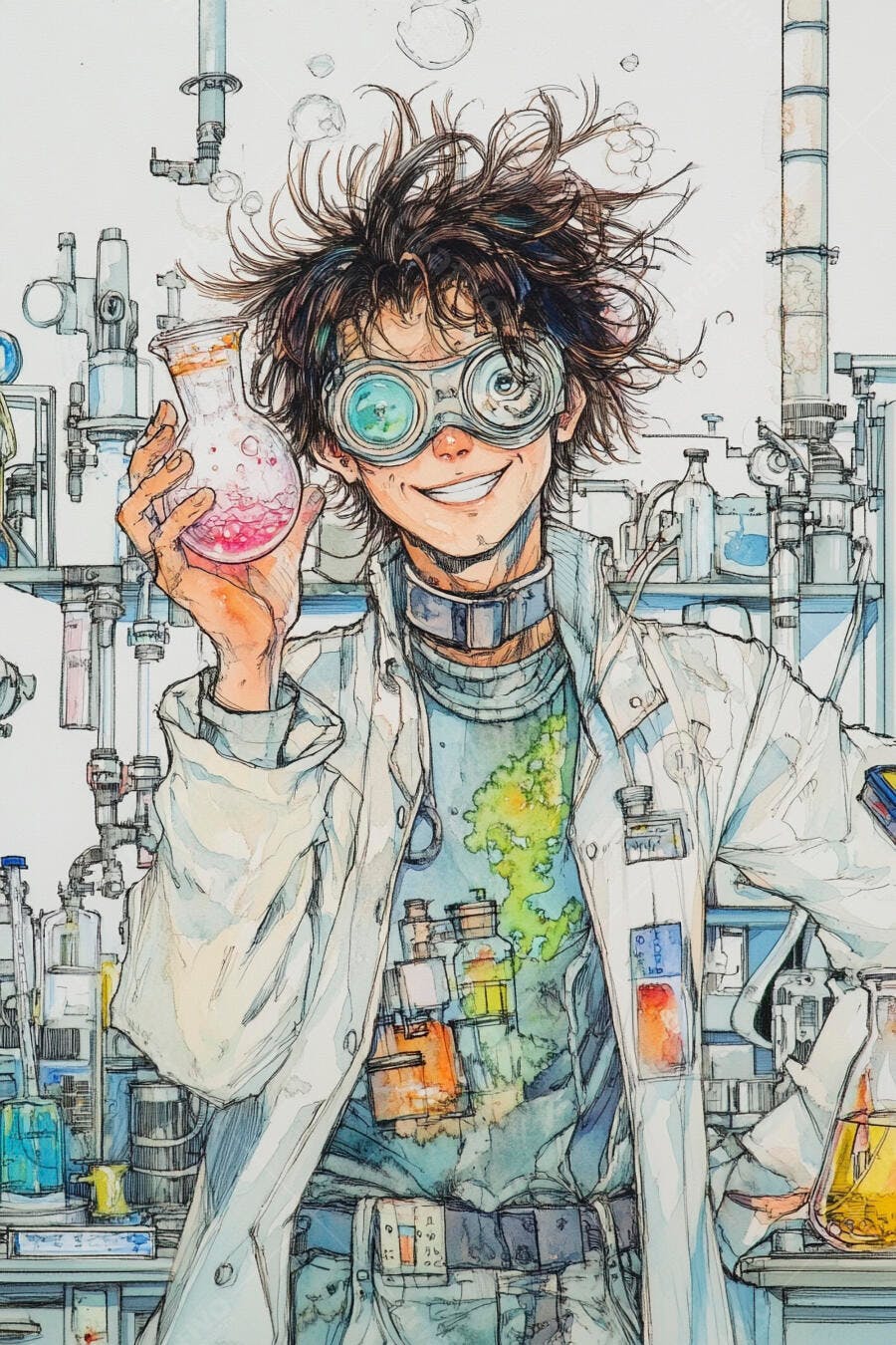 Cientista jovem sorridente com óculos de proteção e frasco rosa em laboratório