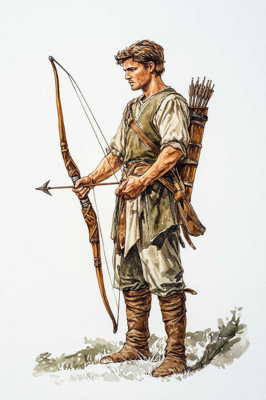 Homem arqueiro medieval mirando com arco e flecha em ilustração