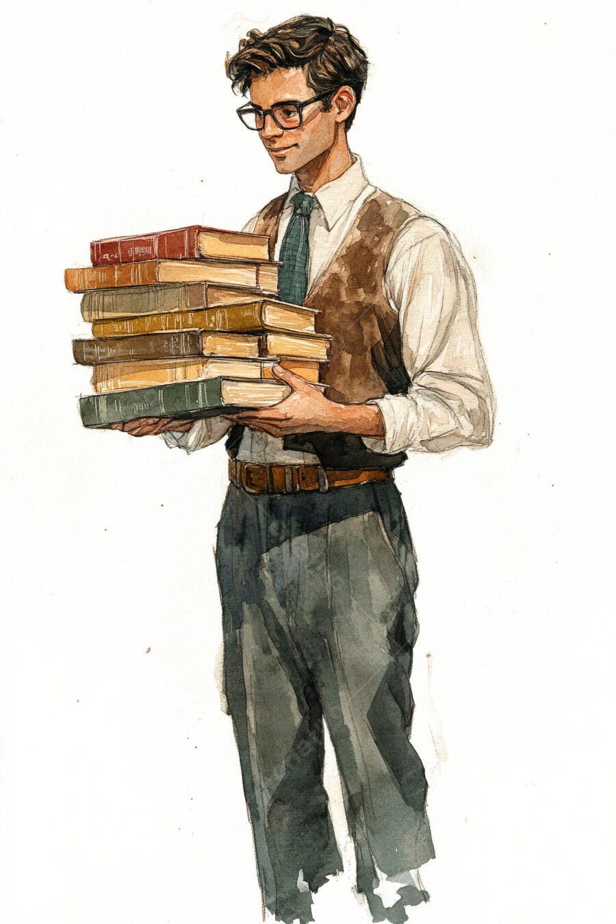 Homem caucasiano com óculos segurando pilha de livros em aquarela
