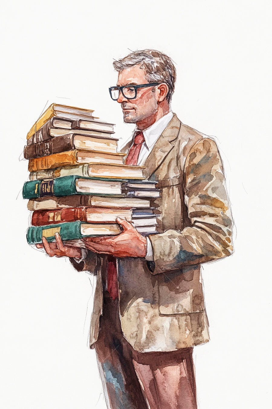 Professor homem branco de óculos segurando grande pilha de livros em aquarela