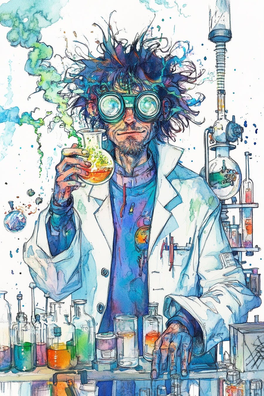 Cientista maluco cabelos bagunçados segurando frasco químico aquarela