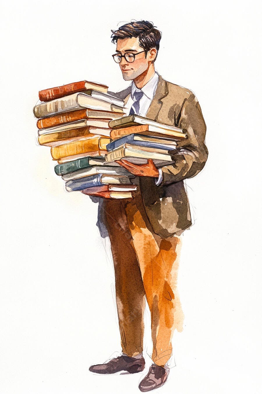 Homem com óculos carregando pilha de livros em aquarela