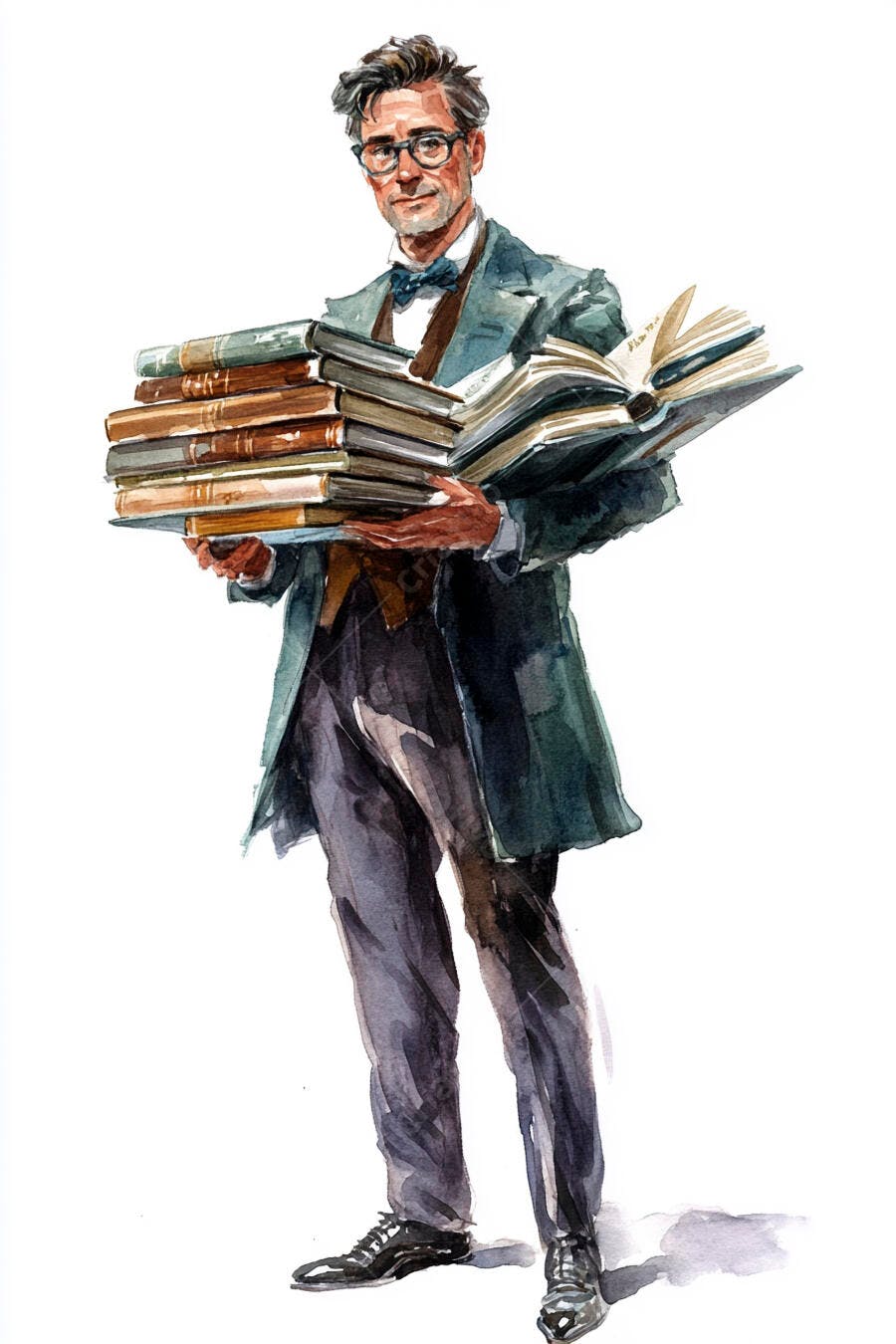 Homem intelectual de óculos segurando livros ilustração aquarela