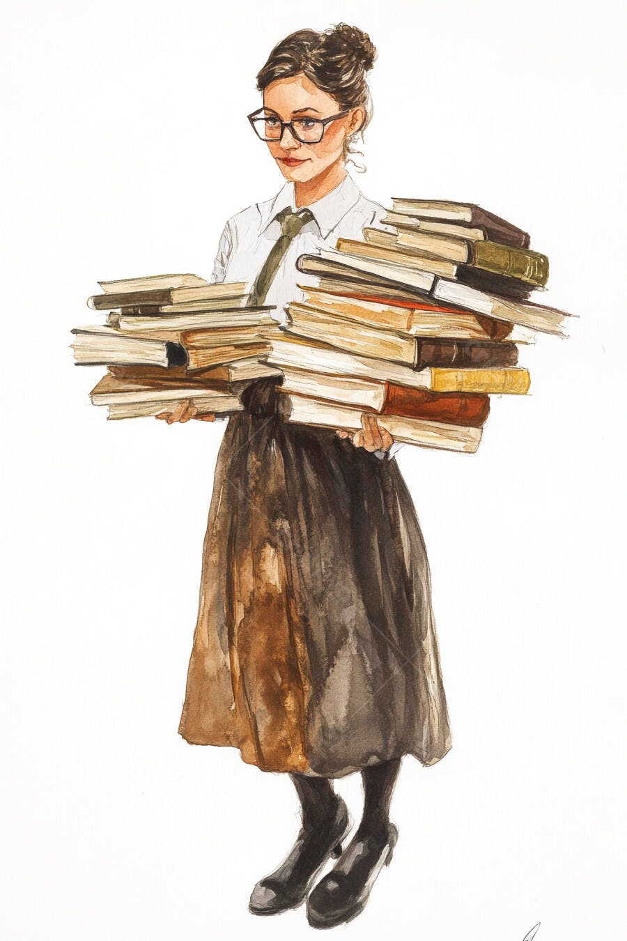 Bibliotecária de óculos carregando pilha de livros marrons ilustração aquarela