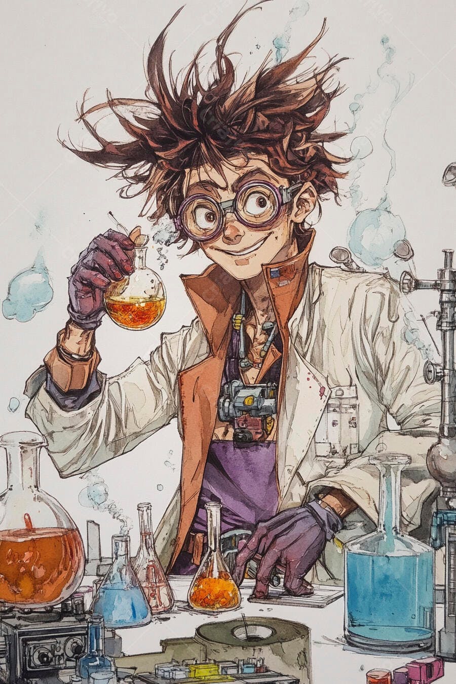 Menino cientista feliz com cabelo bagunçado e óculos em laboratório cheio de frascos