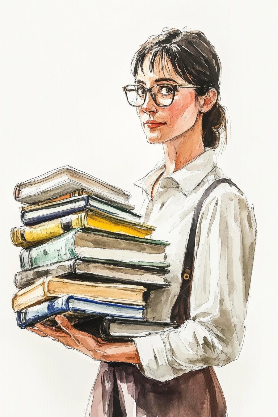 Mulher de óculos segurando pilha de livros coloridos em aquarela educacional