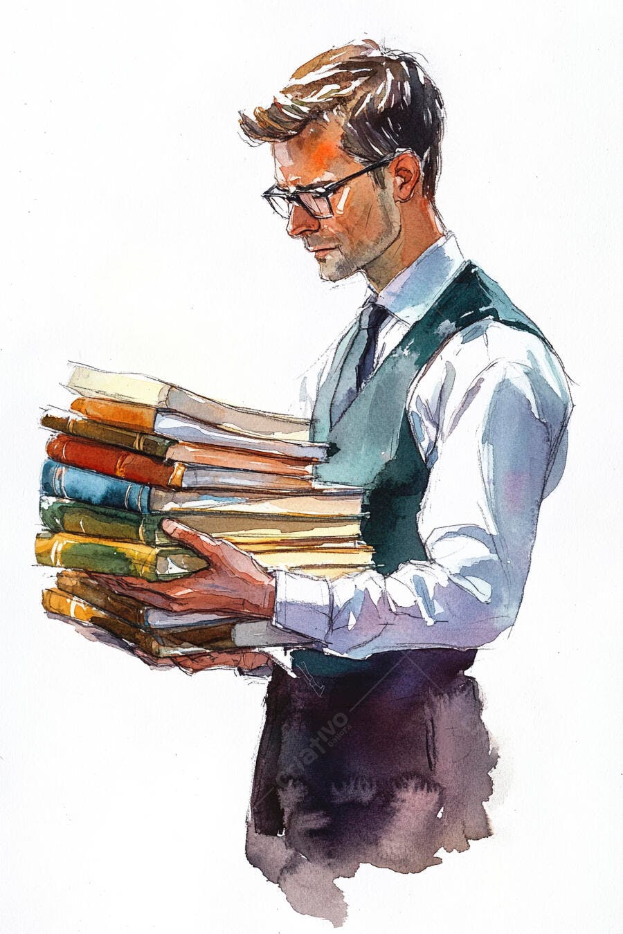 Homem caucasiano de óculos em aquarela carregando pilha de livros para estudo