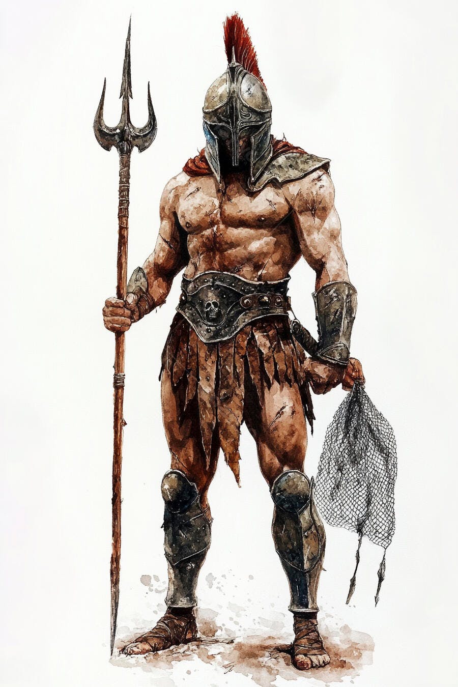 Gladiador romano musculoso com tridente e rede em arte aquarela