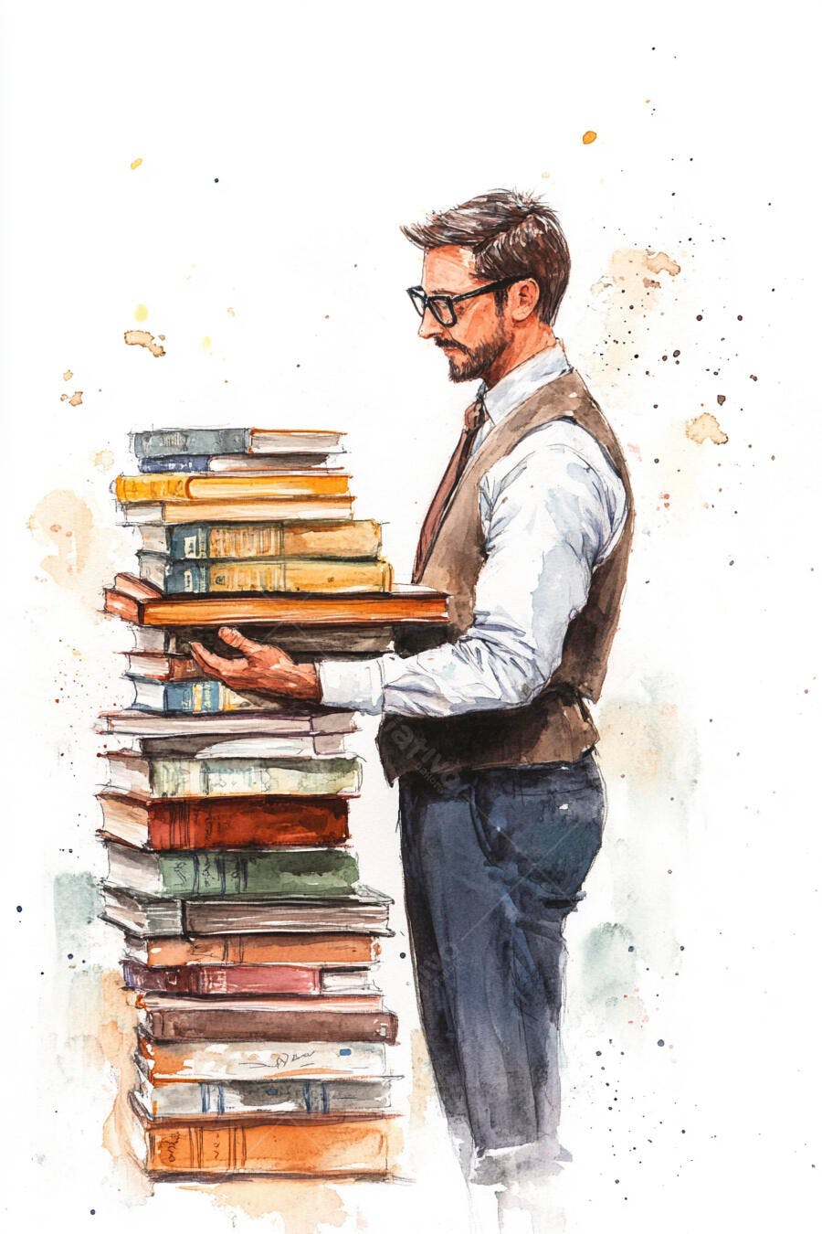 Homem intelectual barbudo segurando livros em aquarela sobre estudo e conhecimento