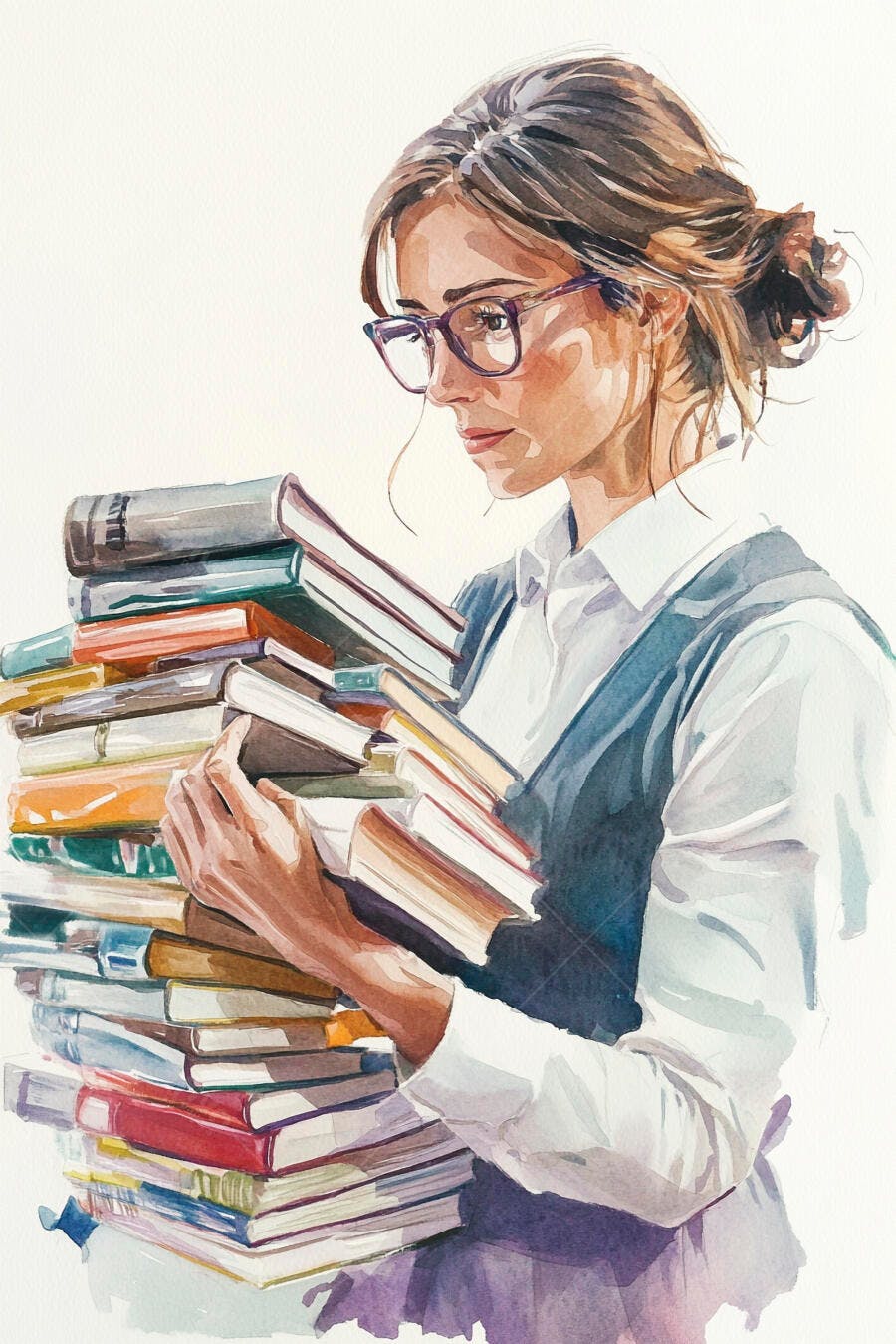 Mulher estudiosa com óculos segurando pilhas de livros coloridos